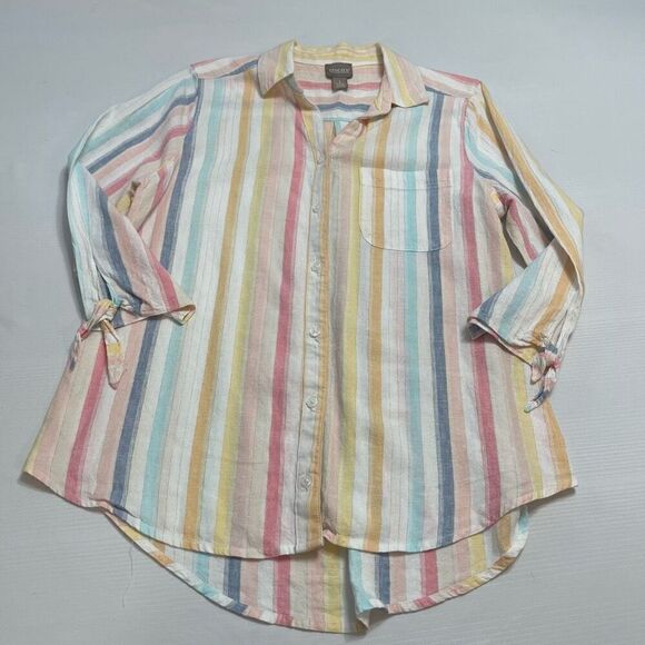 Chico’s Linen Hana Stripe Linen Blend Button Front Shirt Size 1 US Medium - Picture 1 of 9